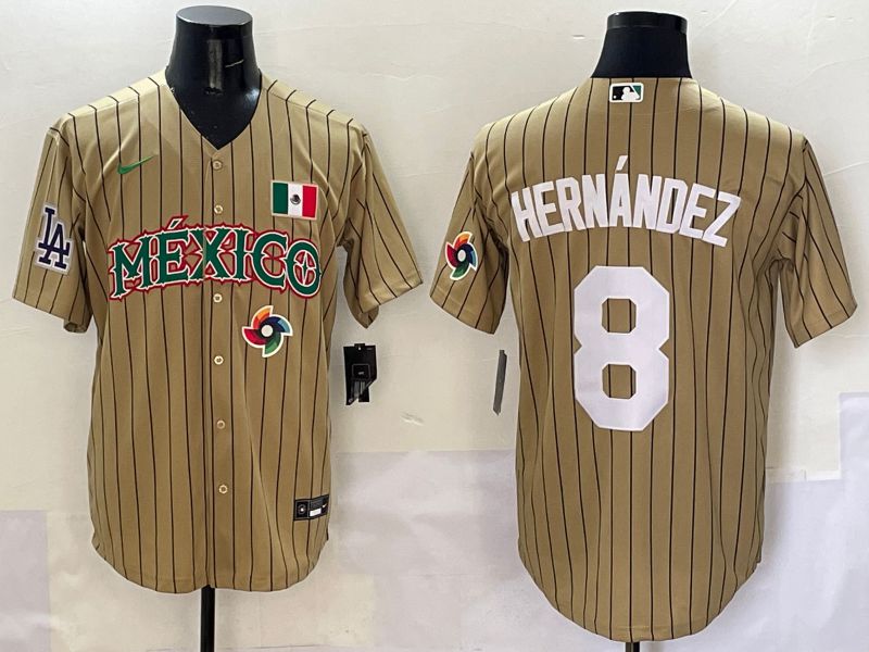 Men Los Angeles Dodgers 8 Hernandez Brown Stripe Mexico Joint Name 2025 Nike MLB Jersey style 3